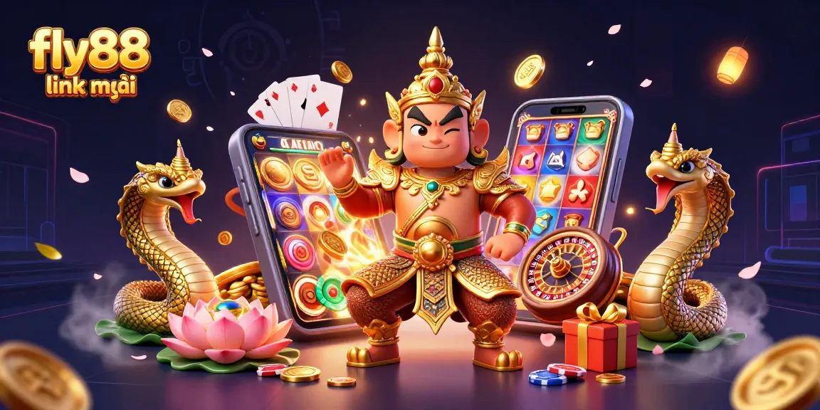 Spin the reels at fly88 link mới with a vibrant casino scene featuring immersive 3D guardian and game elements.