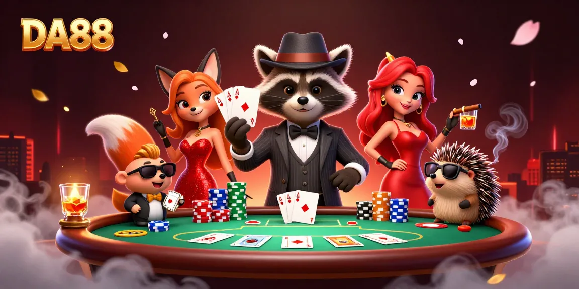 DA88 offers thrilling poker action with a suave raccoon and charming fox in this vibrant illustration.