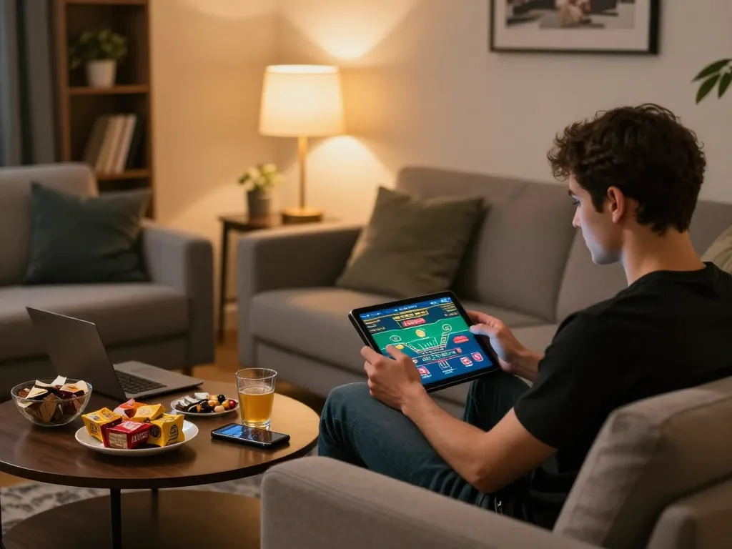Engaging online gaming experience with aa88 on tablet, cozy environment