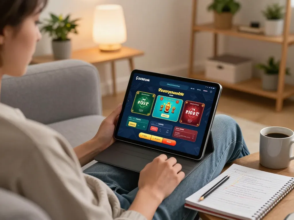 Using SV368 Link app on tablet for online gambling strategy in a cozy home setting.