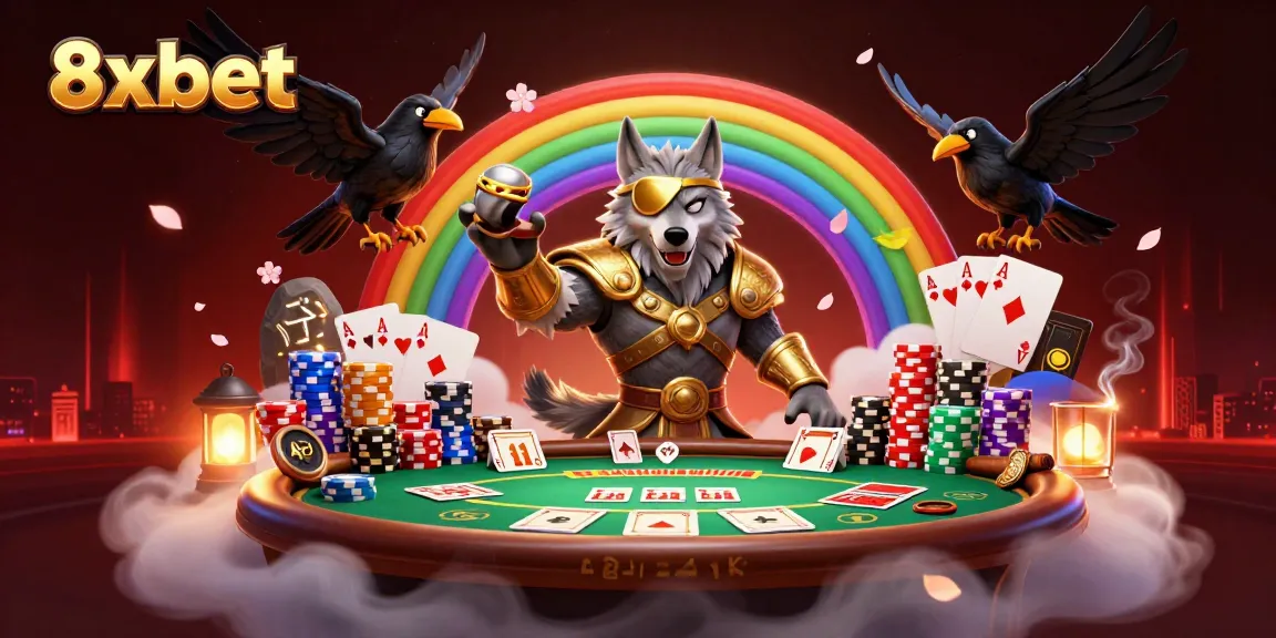 Engage with thrilling gaming at 8xbet, showcasing legendary characters amidst vibrant casino elements.