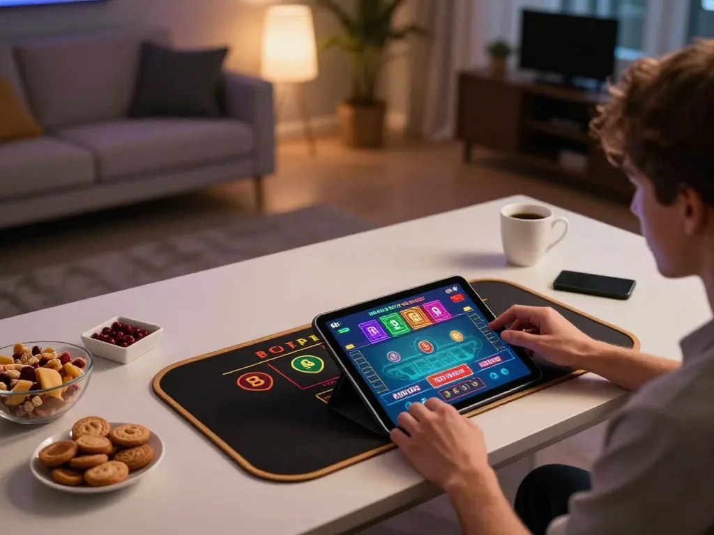 A person using a tablet to engage in live dealer gaming at home on 98win com.