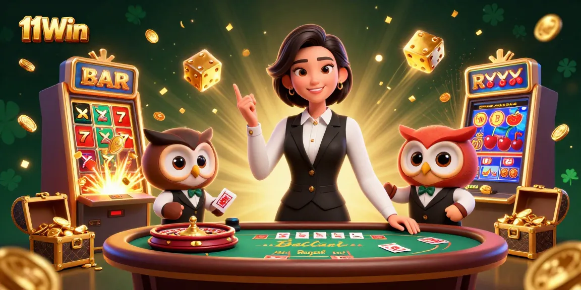 Experience the thrill of gambling with 11Win in a vibrant, dynamic casino scene featuring dealers and exciting game elements.