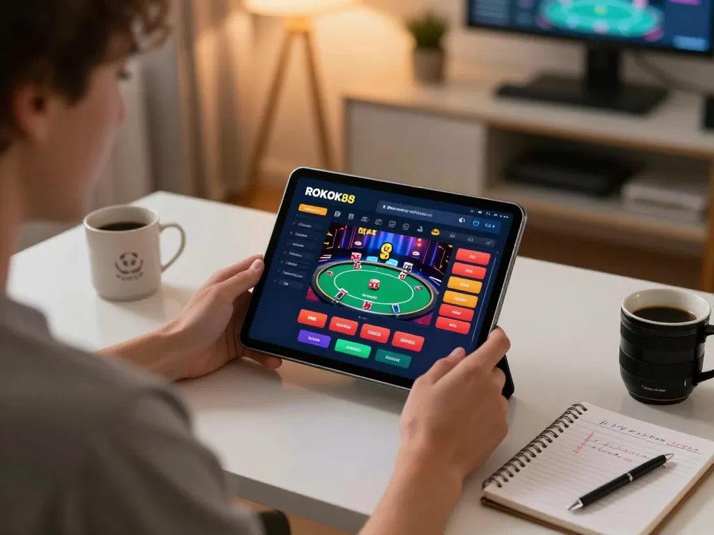 rokok88 player engaging in online poker strategy with focus on tablet interface and betting notes