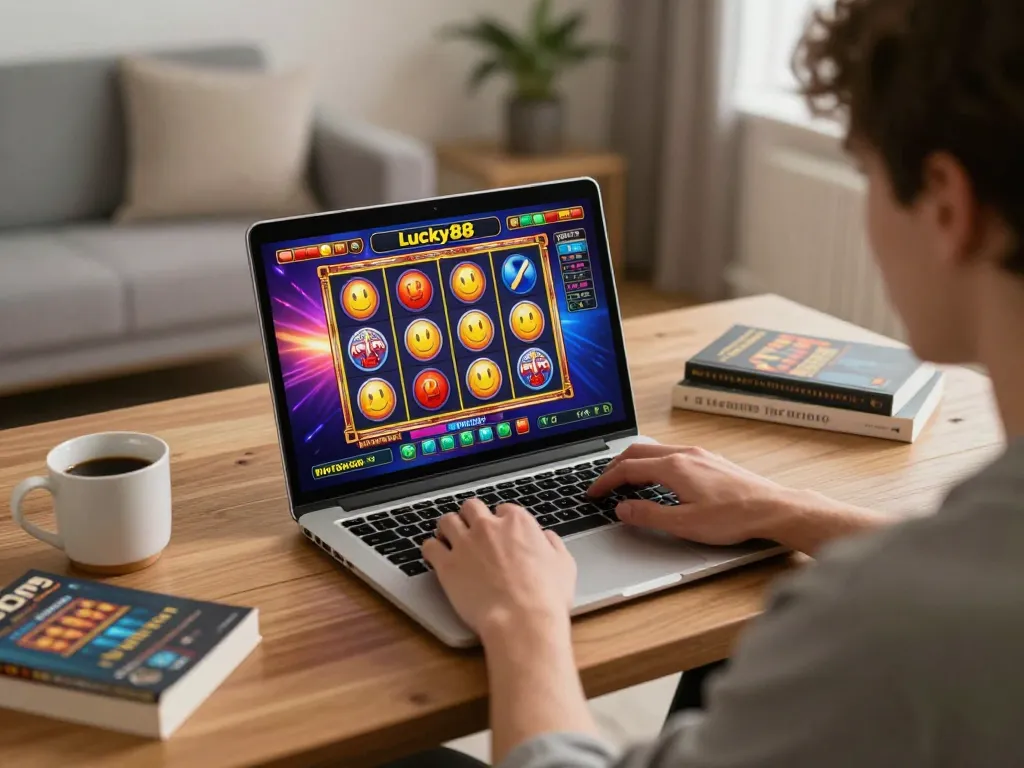 Player engaged in Lucky88 slot gaming while tracking betting strategies at home