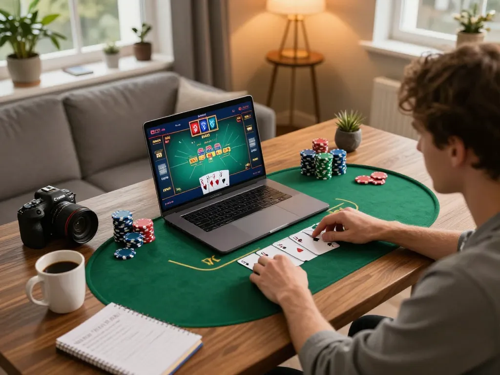 Engaged player on 88xx poker app, with strategy notes and ambient light in cozy home setting.