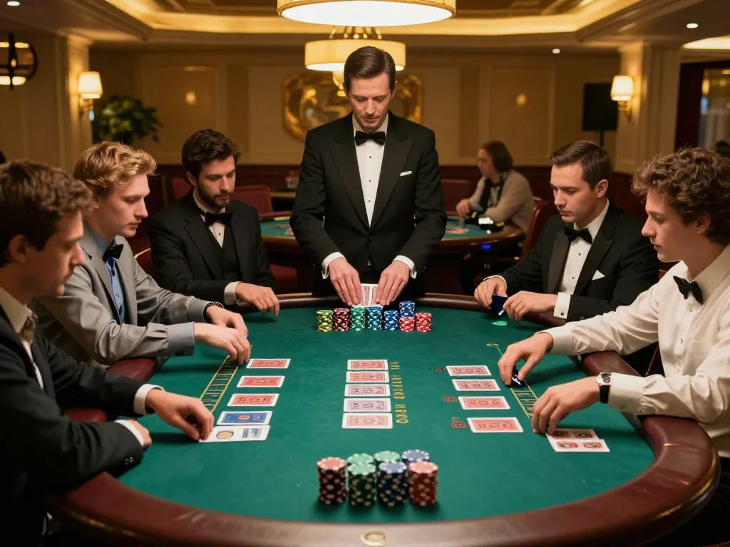 Action-packed blackjack game at 789win casino with players focused and dealer in motion, showcasing strategic gameplay.