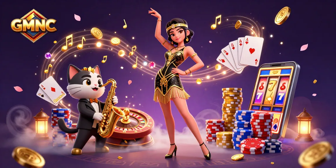 Winning GMNC jackpot amidst cascading gold coins and vibrant casino elements.