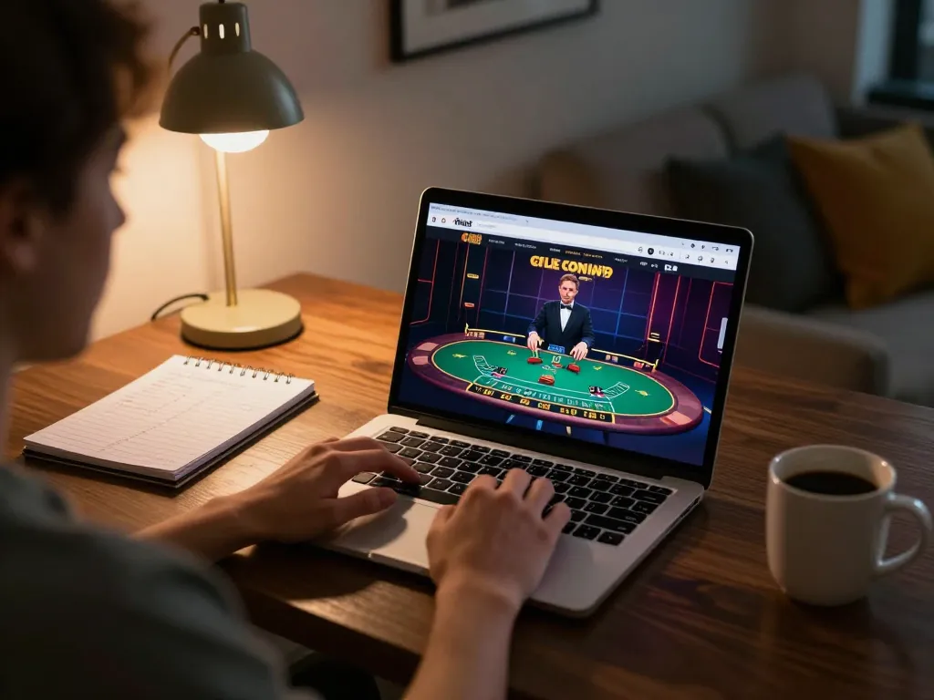Person playing live dealer blackjack on CM88 fm online casino, showcasing strategic gameplay in a cozy home setting