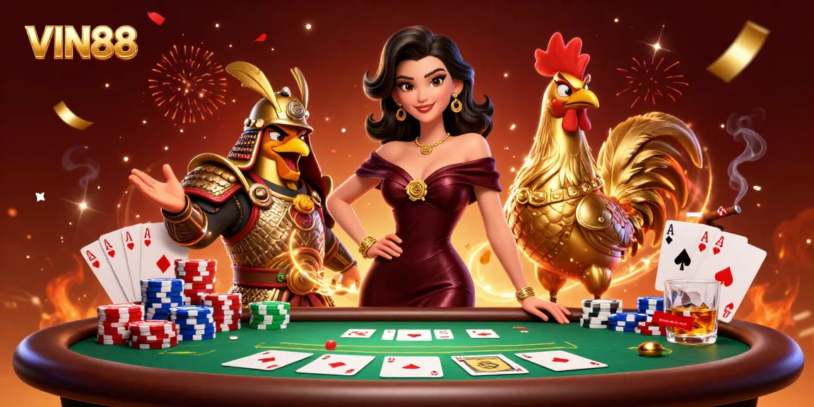 Bet big with VIN88 at an energetic poker table, featuring glamour and vibrant gameplay.