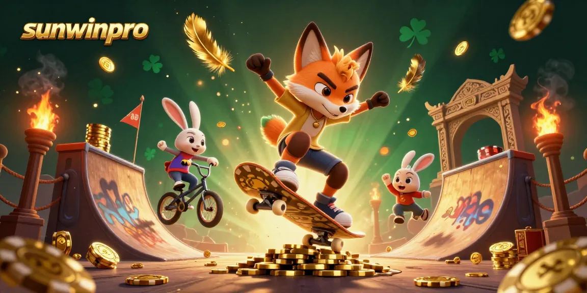Experience sunwinpro's vibrant gaming adventure with cartoon fox and rabbit amidst dynamic casino symbols.