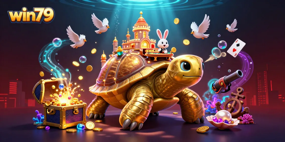 Play exciting games at win79 with vibrant elements, including a lively casino scene featuring a golden tortoise and rabbit dealer.