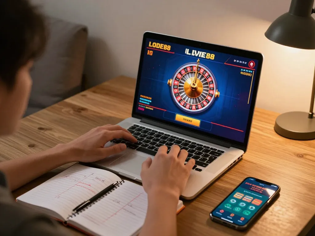Player engaging with LODE88's live dealer game on a laptop, showcasing responsible gambling.