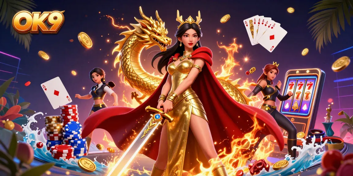 Experience thrilling gameplay with OK9's dynamic casino scene featuring golden coins and vibrant game elements.
