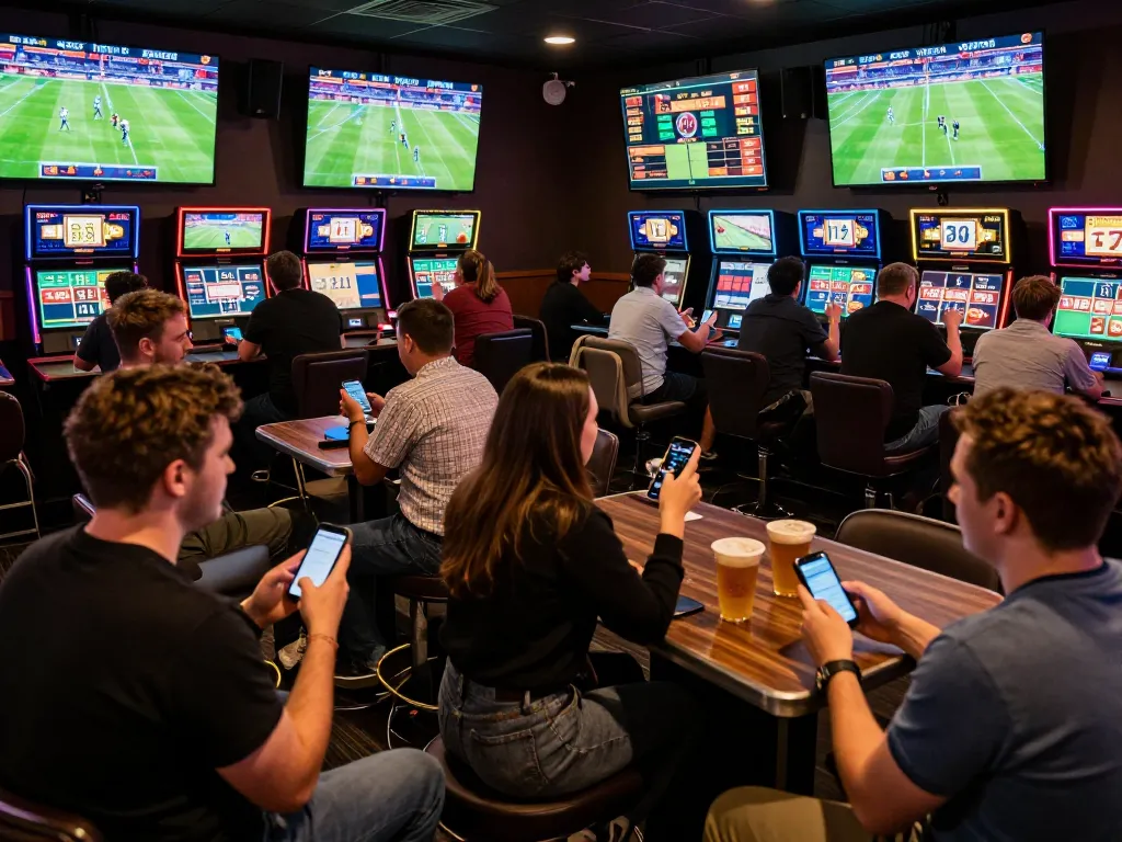 HITCLUB patrons engaged in exciting sports betting with multiple screens displaying live games