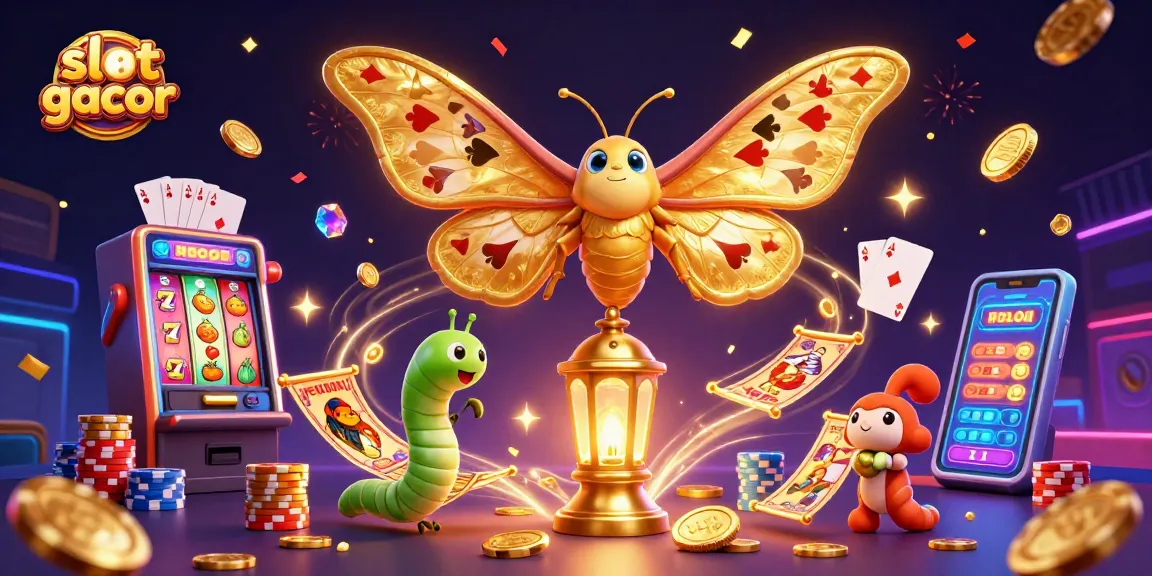 Slot gacor menampilkan kupu-kupu 3D dengan sayap emas, dikelilingi koin dan permainan slot.