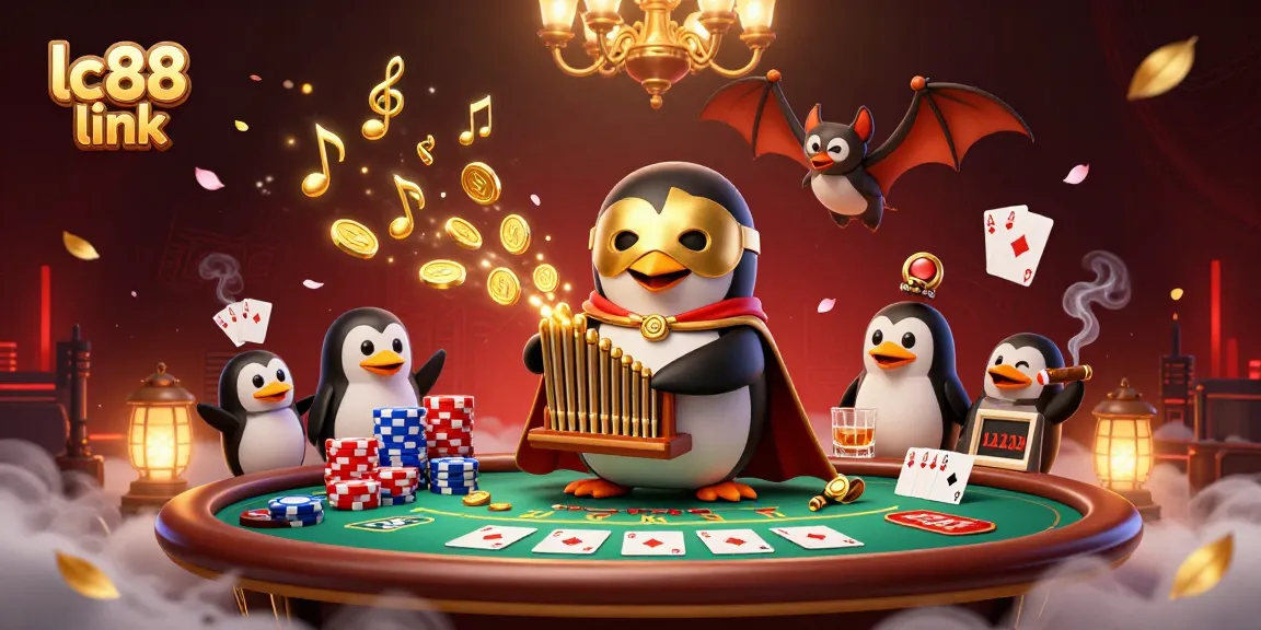 Experience the dynamic world of gambling with lc88 link, featuring a playful penguin and gold coins.