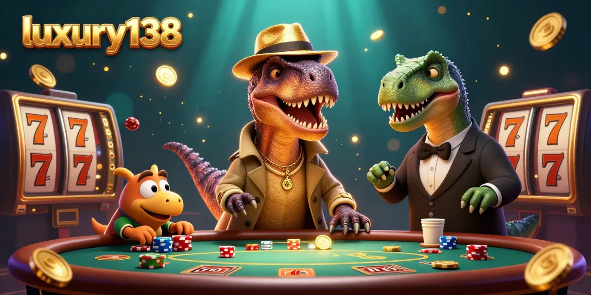 luxury138 features a cartoon velociraptor at a blackjack table surrounded by animated casino elements, emphasizing gaming excitement