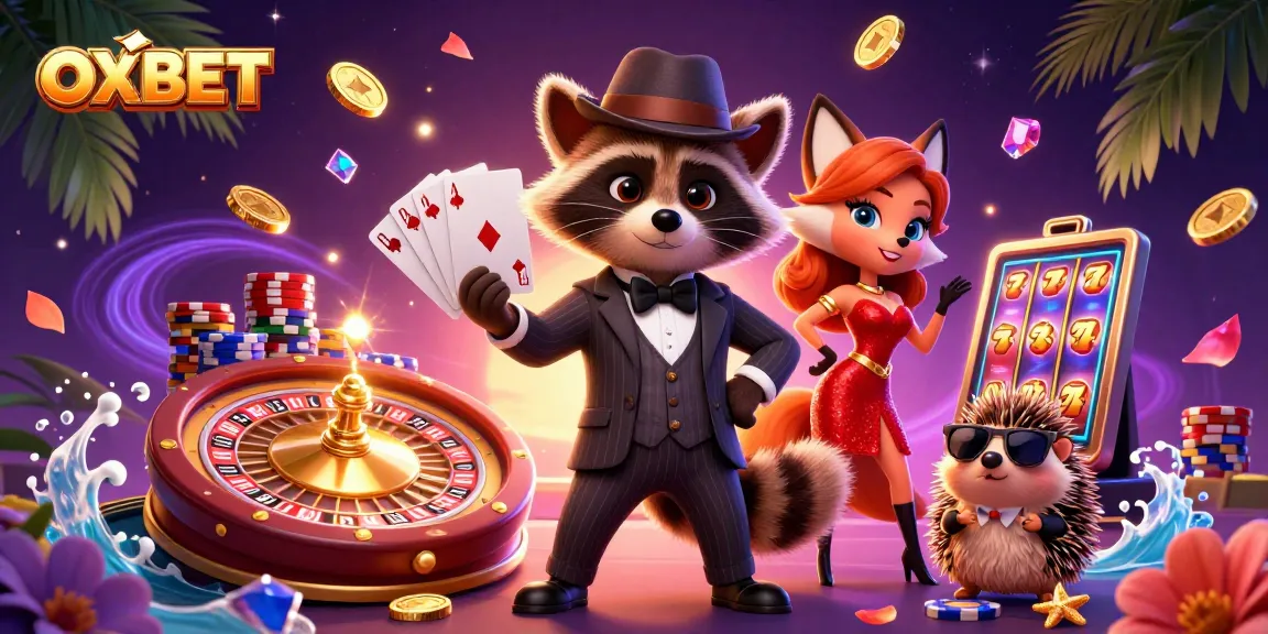 Experience OXBET with sleek gaming visuals featuring a charming raccoon and fox in a casino scene.