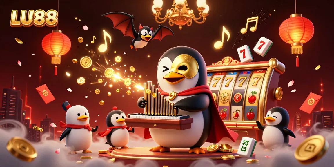 LU88 creates a thrilling casino experience with colorful slot machines and dynamic characters in this vibrant scene.