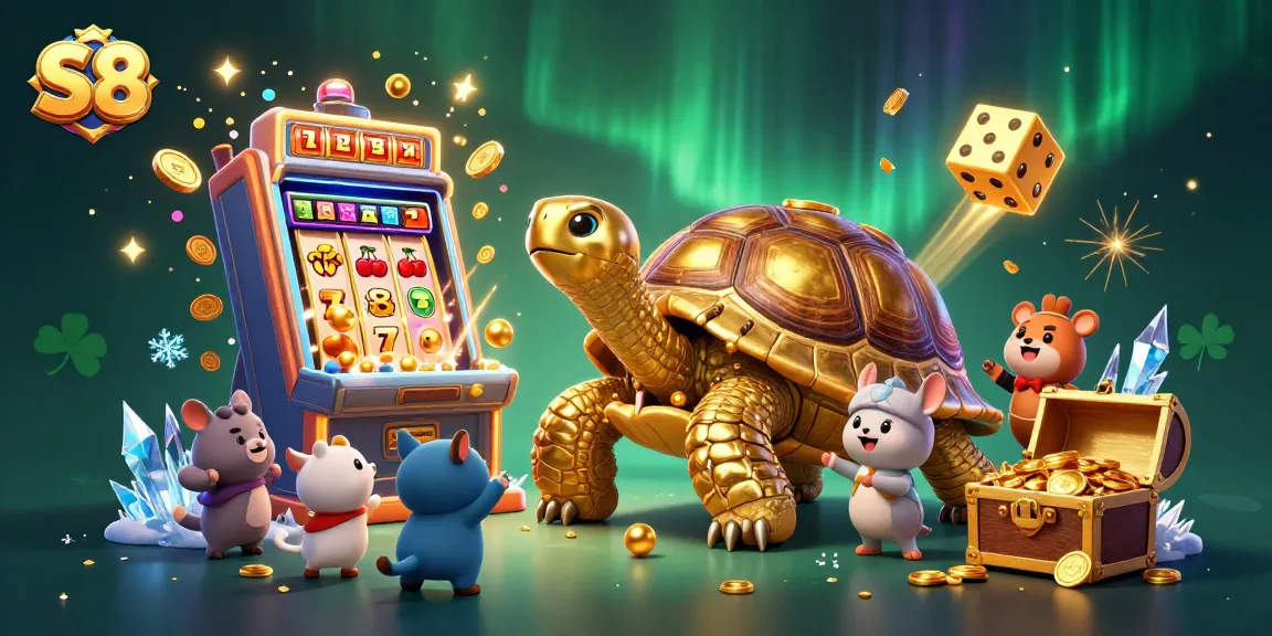 Engage in the exciting S8 casino experience featuring a golden tortoise pinball machine and dynamic slot action.