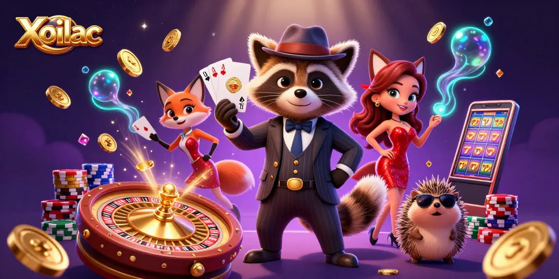 Xoilac showcases a raccoon in a suit holding a royal flush, surrounded by casino elements.