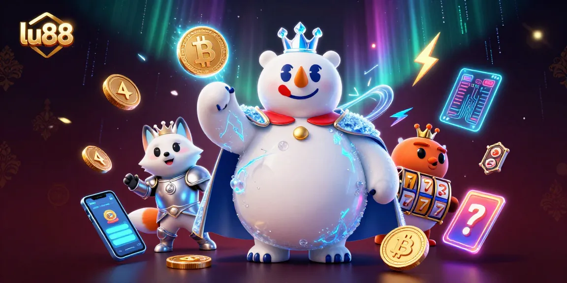 Experience thrilling gameplay at lu88 with a captivating scene of an ice king and snow fox amid neon crypto elements and slot reels.