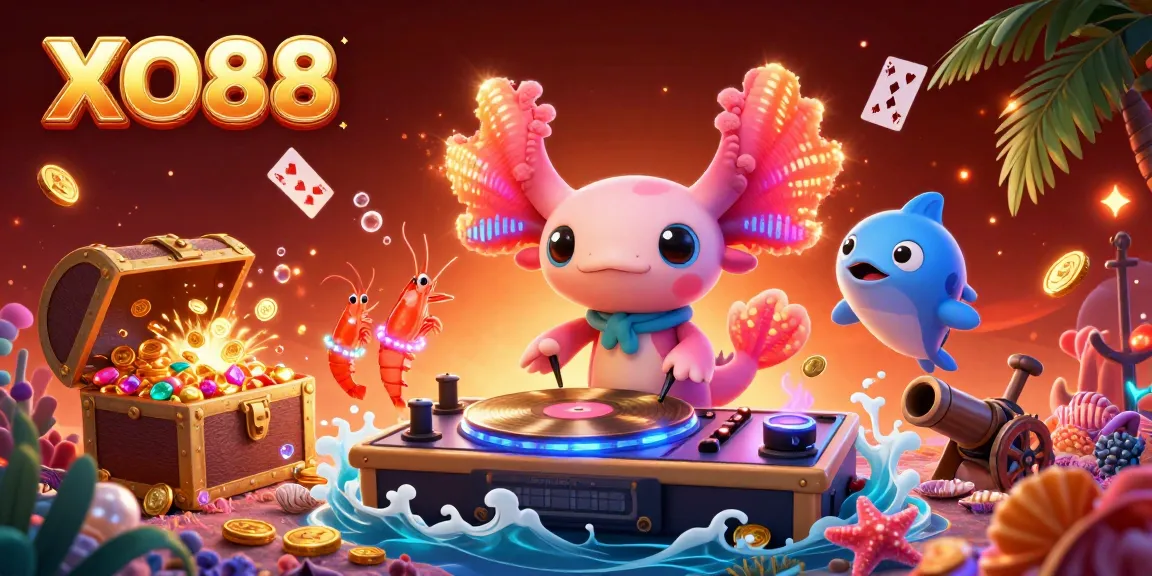 Experience thrilling gameplay with XO88 illustrated by a lively axolotl DJ and underwater treasures.