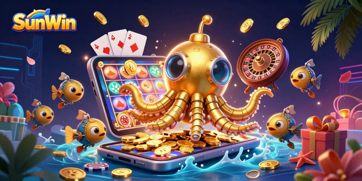 SunWin offers exciting gameplay with a golden kraken and dynamic slot action amidst golden coins.