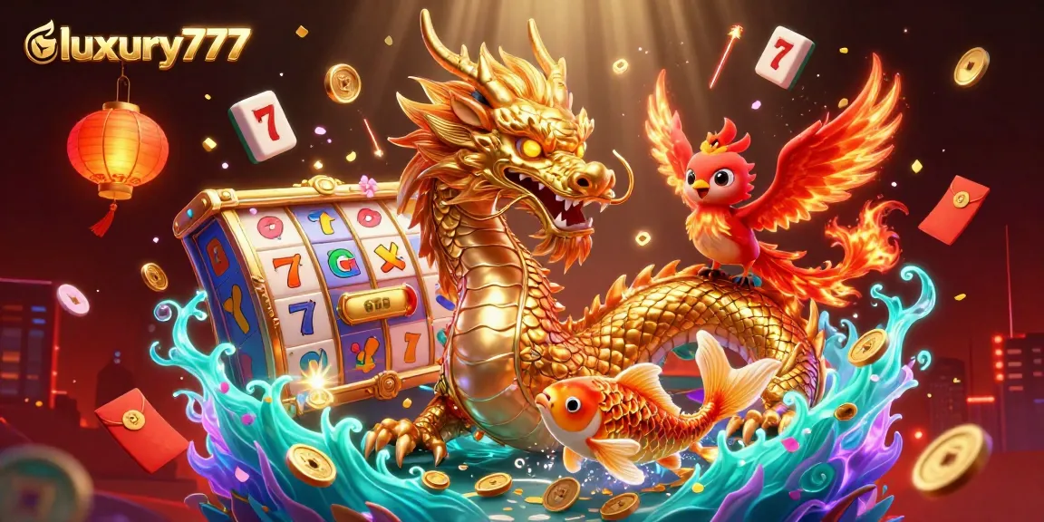 Play classic slot games with luxury777 featuring a golden dragon, phoenix, and koi fish.