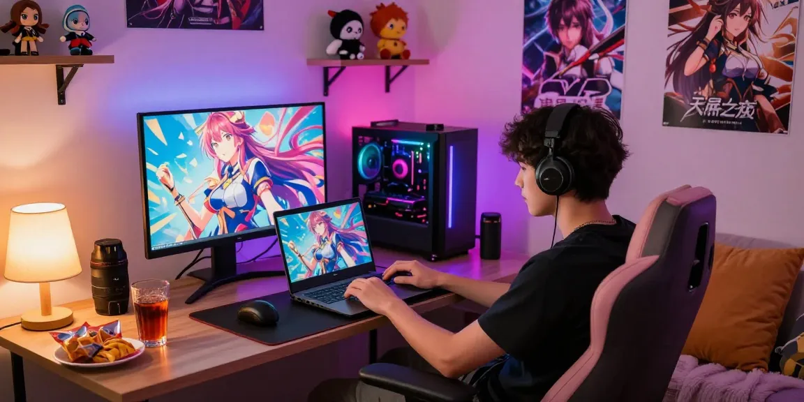 Engaged gamer playing a colorful hentai game in a cozy gaming room.