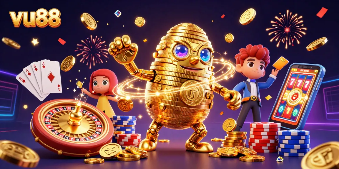 Bet big on vu88 with a captivating 3D casino scene featuring a golden golem and jackpots.