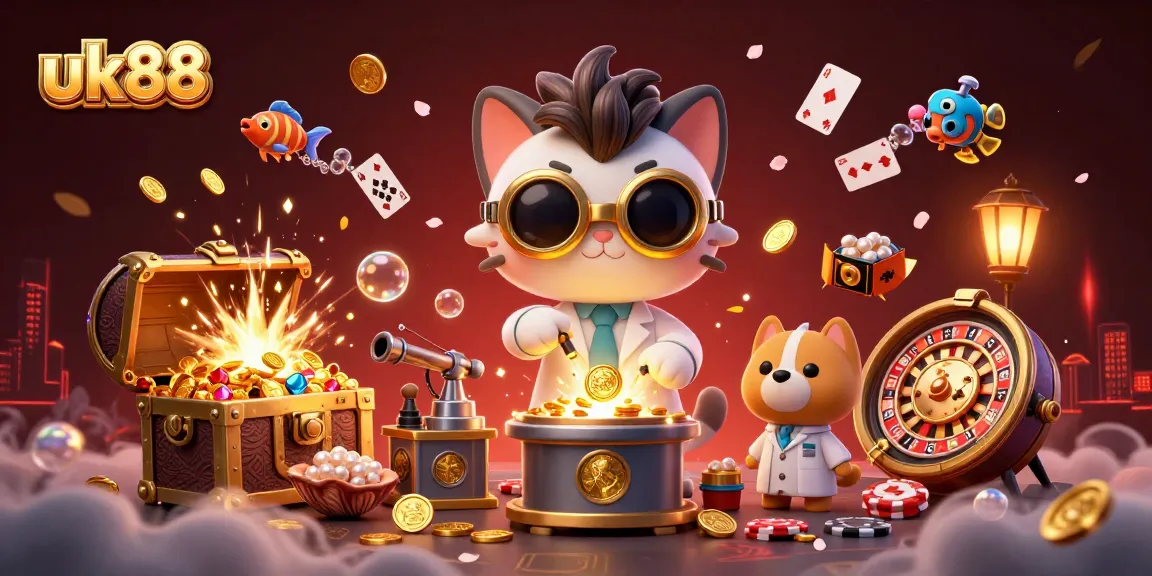 Experience the excitement of uk88 with colorful casino-themed elements surrounding playful characters in a vibrant 3D scene.