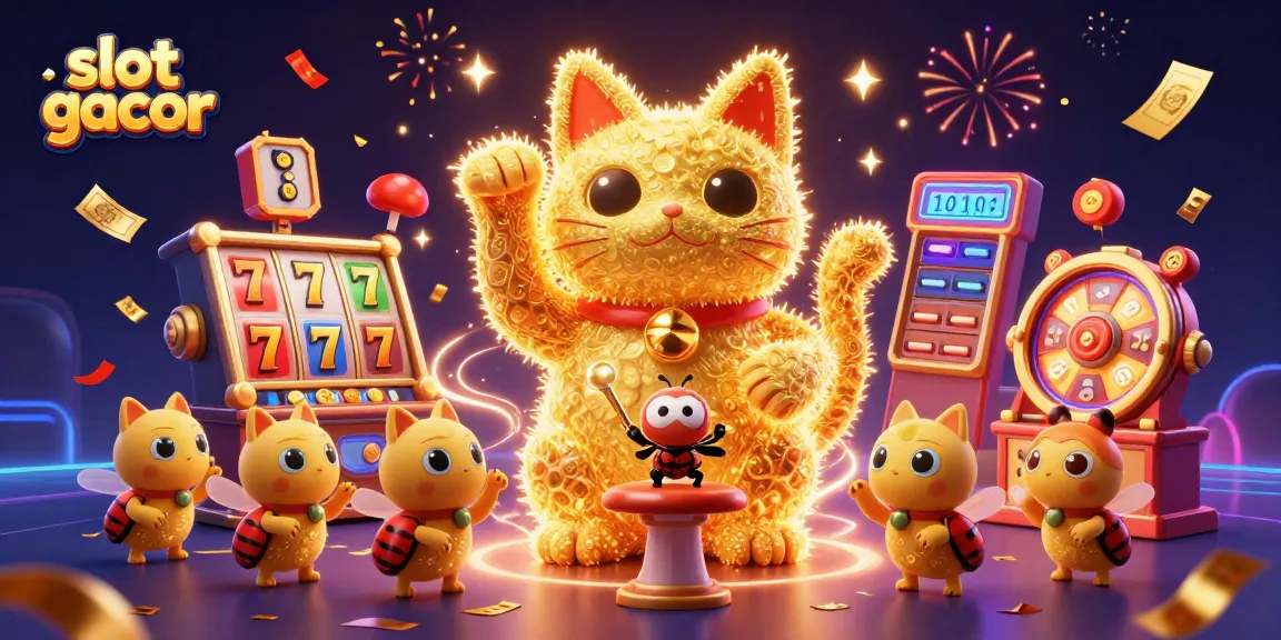 Engage in thrilling slot gacor experiences with a vibrant lucky cat surrounded by dynamic casino elements.