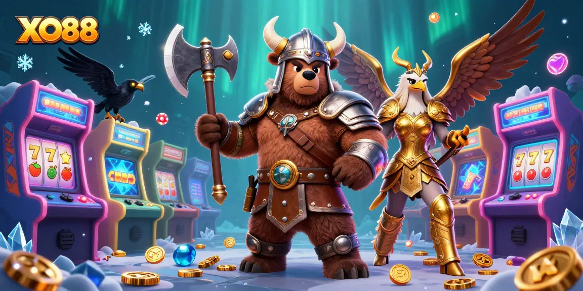 XO88 Viking bear and Valkyrie eagle in a vibrant online casino setting with jackpot symbols and gaming elements