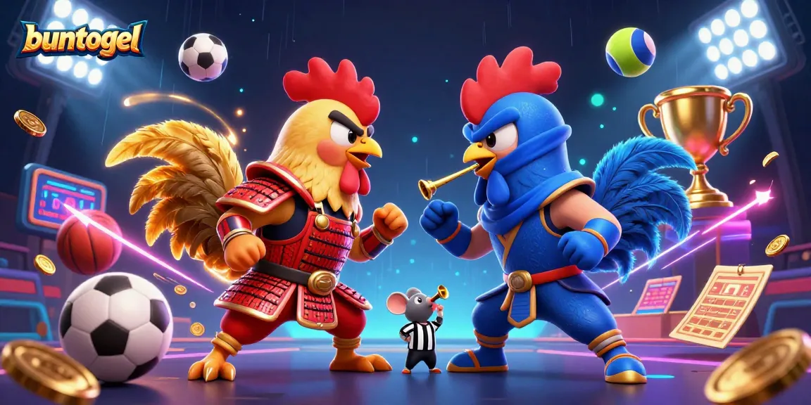 Buntogel showcases a dynamic standoff between roosters, mixing casino excitement with sports elements.