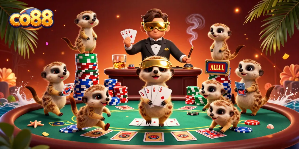 Experience excitement at co88 with cartoon meerkats managing a vibrant casino scene filled with poker elements.