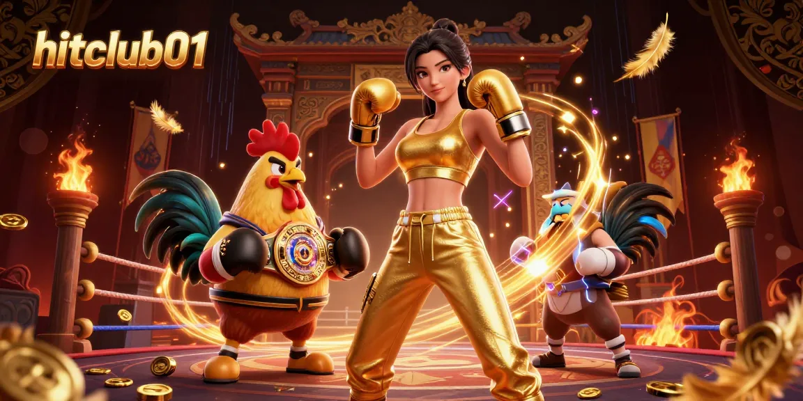 Engage with hitclub01 in a vibrant 3D boxing-themed casino illustration showcasing dynamic gaming elements.