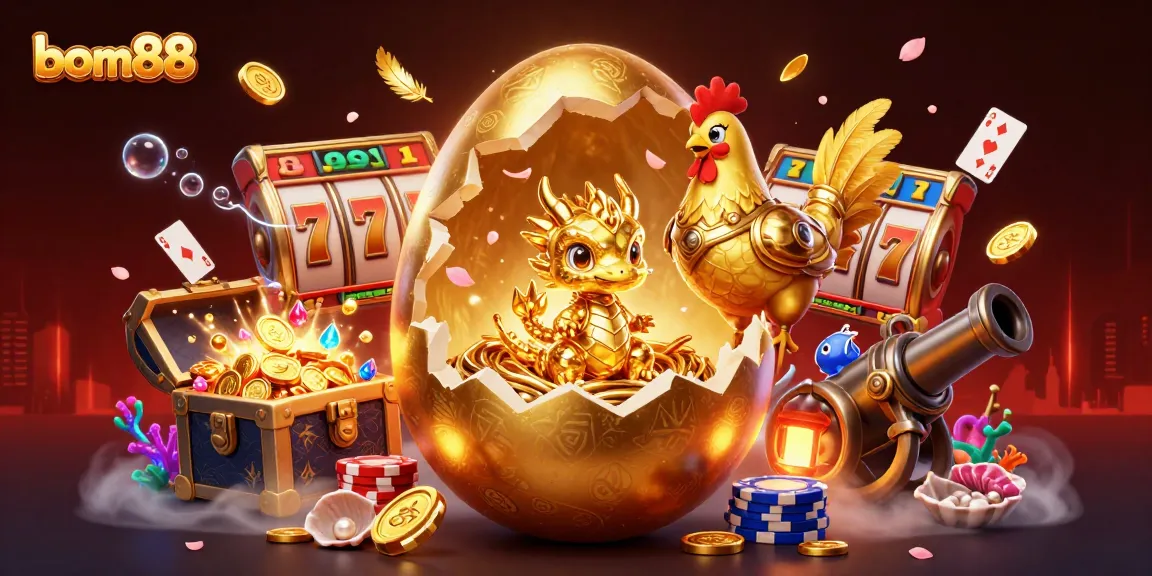 Experience bom88's vibrant gaming scene with a golden dragon and dynamic casino elements.