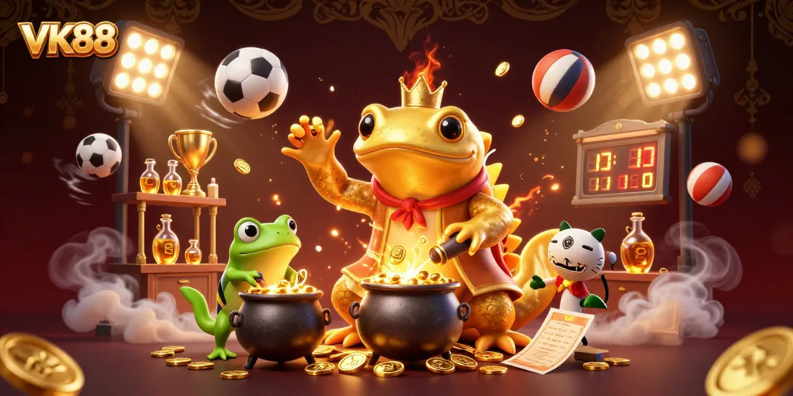 Experience thrilling gambling at VK88 with a golden salamander and frog alchemist amidst dynamic sports elements.
