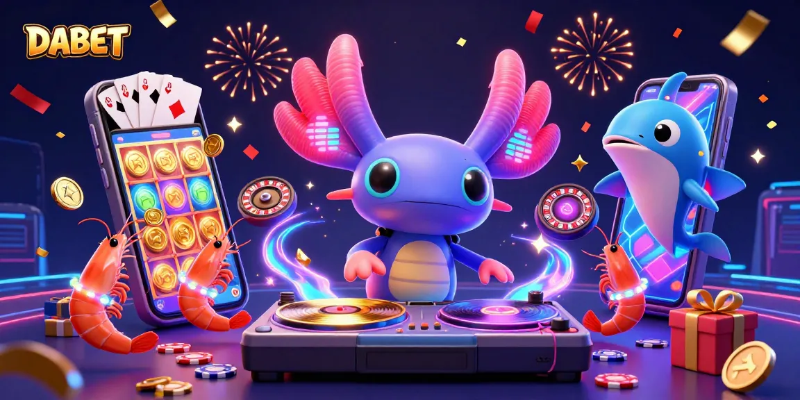 DABET brings excitement with neon axolotl DJ, spinning vibrant slot games and fiery celebrations in vibrant colors.