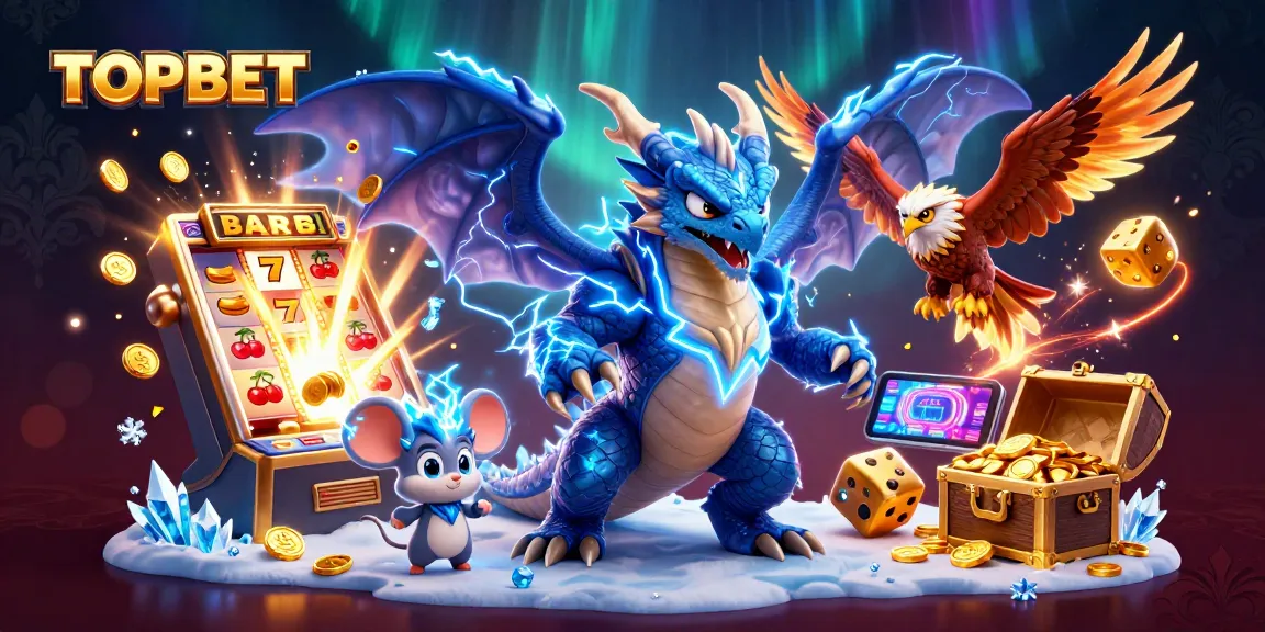 Experience the excitement of TOPBET with dynamic casino characters and bursting slot machines.