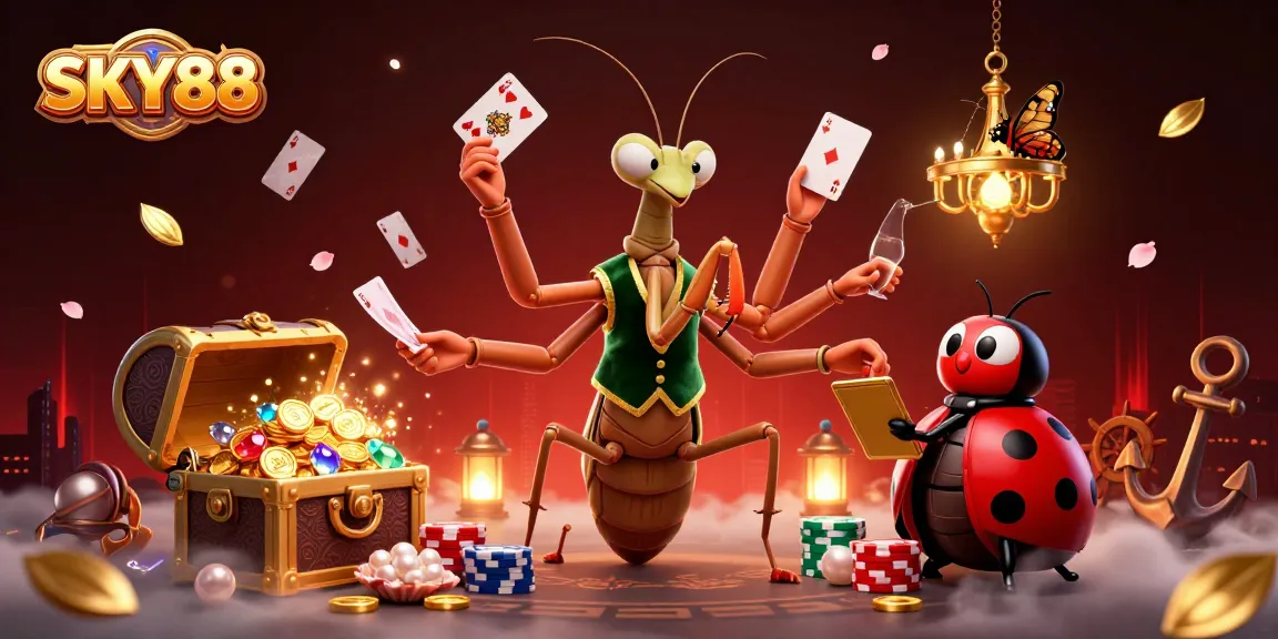 Experience thrilling gaming at SKY88 with a 3D giant mantis dealer and exciting casino elements!
