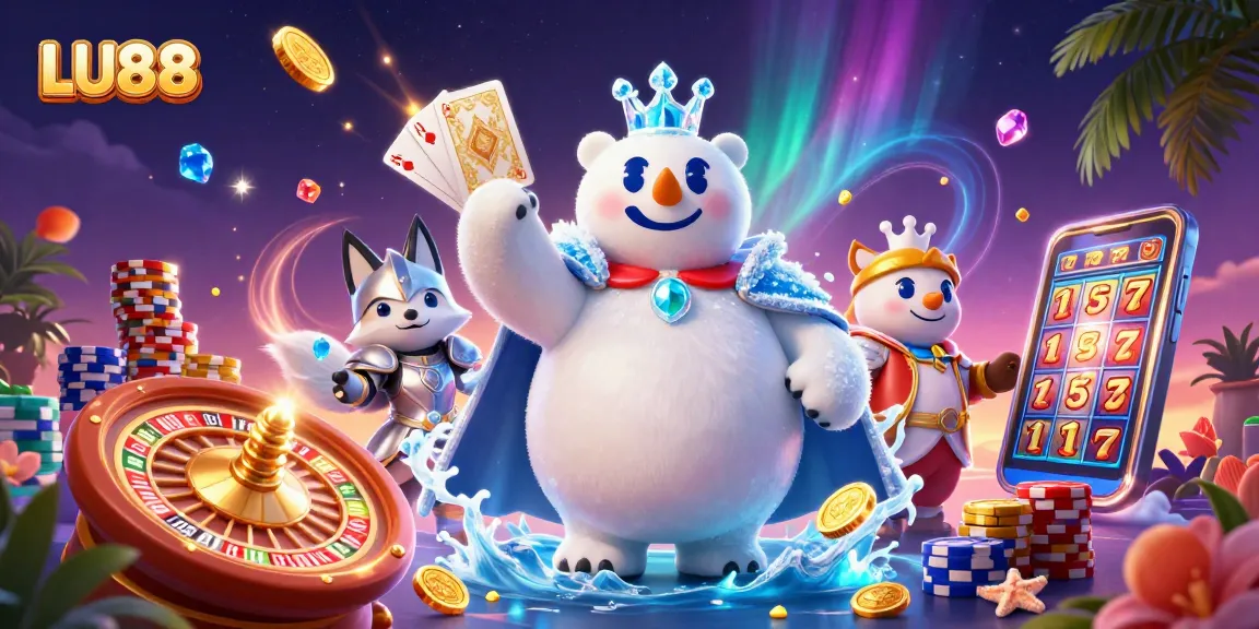 LU88 presents an exciting casino scene with an ice king and snow fox amid jackpots and casino elements.