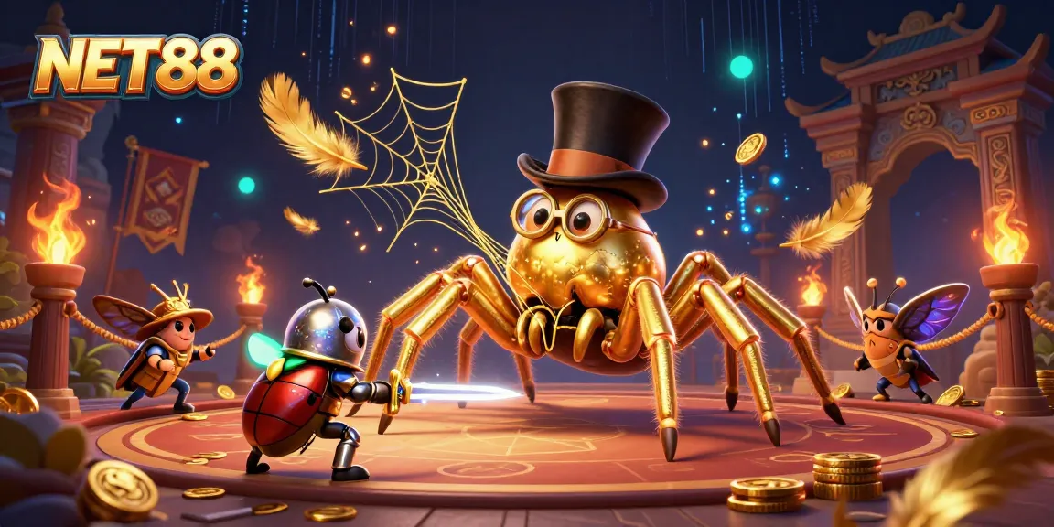 NET88 showcases gambling adventure with a golden tarantula weaving excitement in a vibrant casino scene.