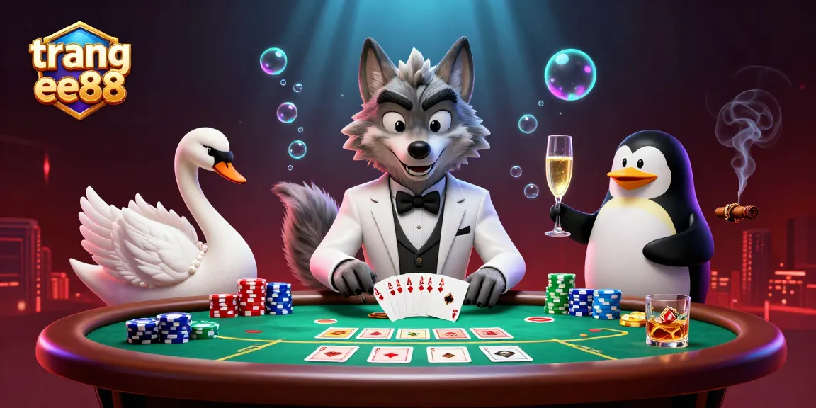 Place bets at trang ee88 with a sophisticated wolf and swan serving in a vibrant casino setting.
