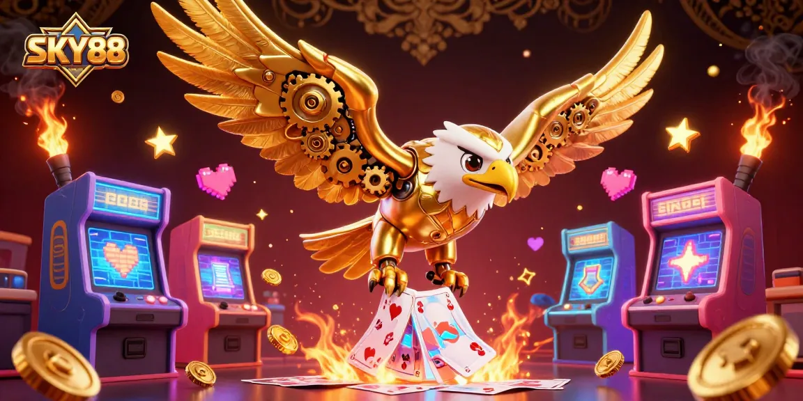Experience thrilling gameplay at SKY88 with a cybernetic eagle soaring through vibrant casino elements.