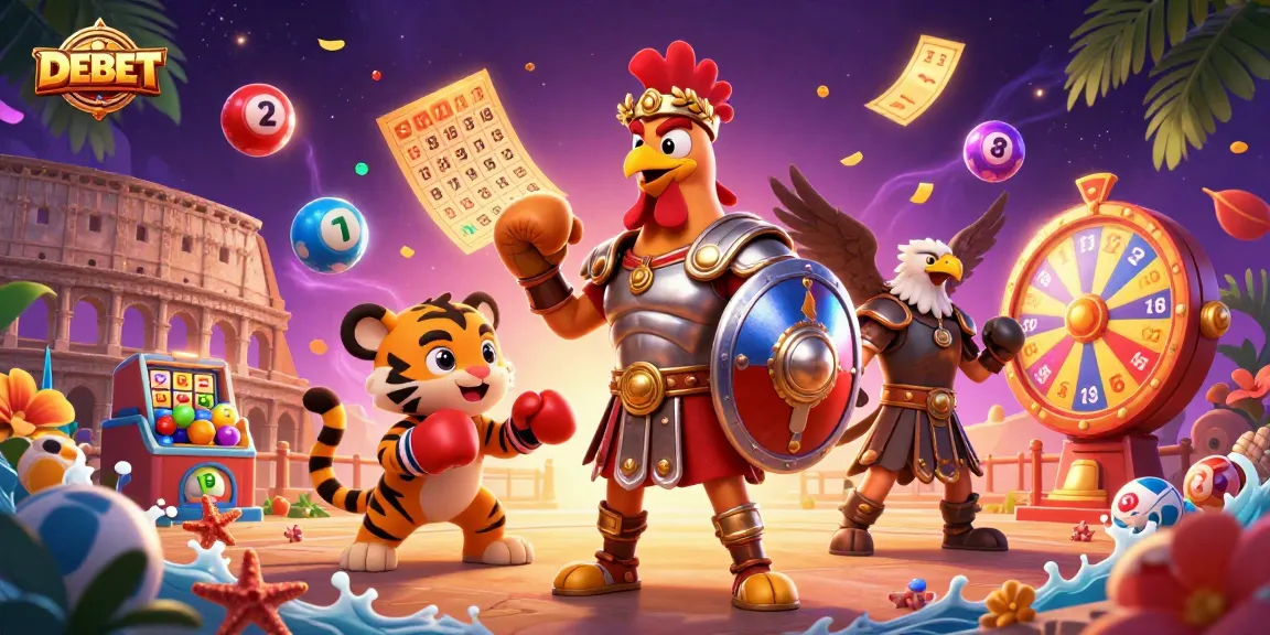 Engage with DEBET at the dynamic lottery scene featuring a gladiator rooster and vibrant game elements.