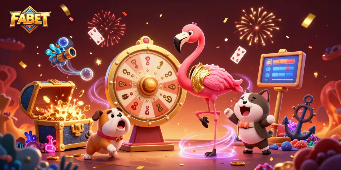 Celebrate with FABET at a bustling casino surrounded by golden prizes and vibrant game elements.