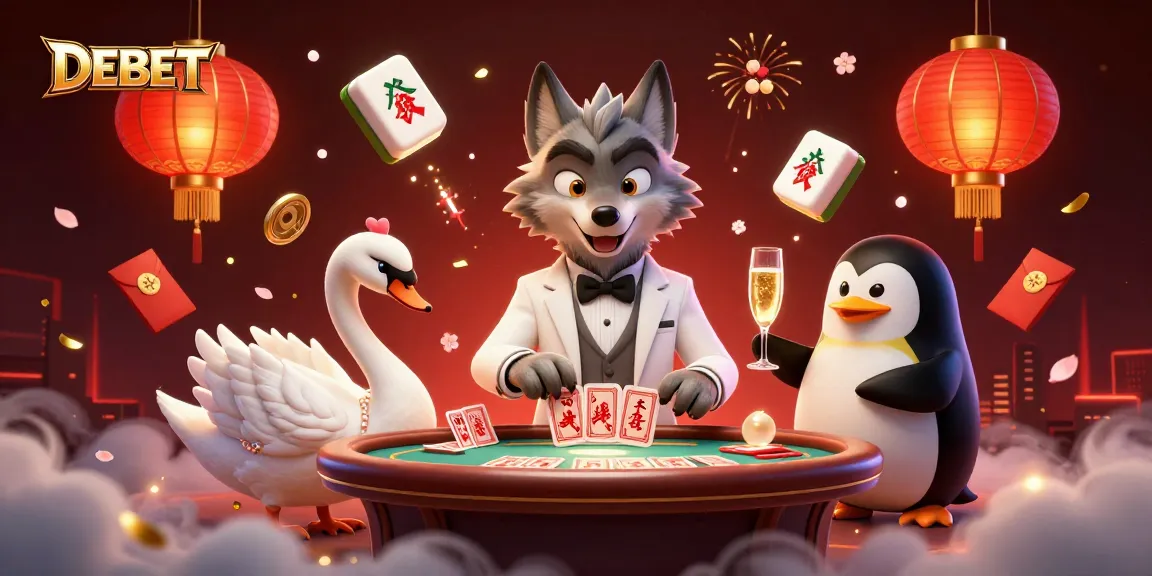 Experience the thrill of DEBET with a debonair wolf, elegant swan, and sophisticated penguin in a lavish casino scene.
